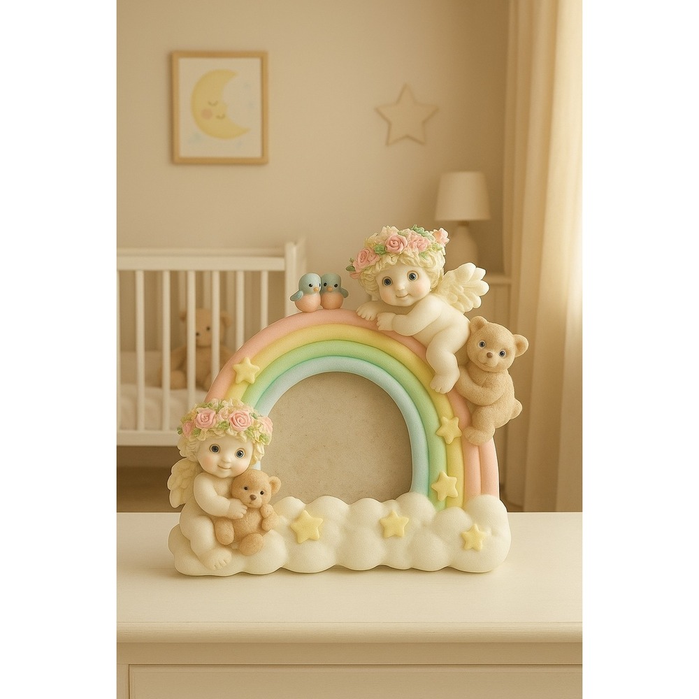 VTG Cherub Angel Rainbow Photo Frame Pastel Resin Figurine Baby & Child Nursery